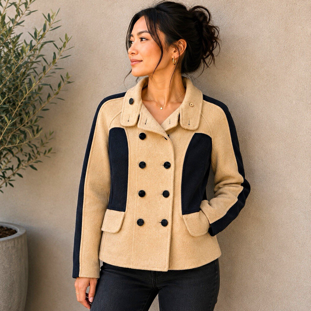 Per Se Women's Colorblock Wool Pea Coat Jacket Beige/Black Double Breasted Sz 4